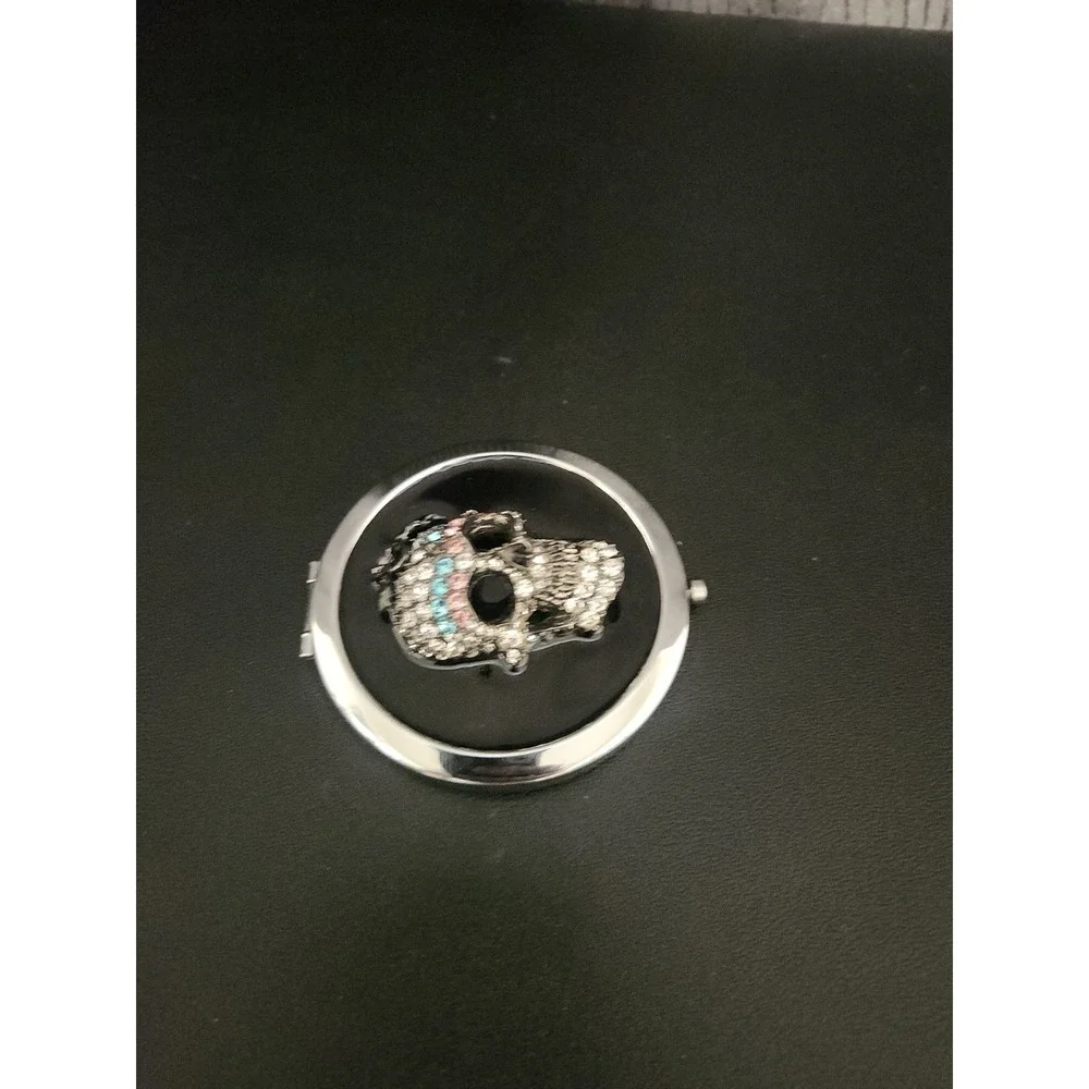 Glossy Black Skull Compact Mirror Rhinestone 3D Double Sided Pre-Owned